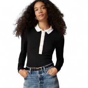 J.Crew Womens Shirt Vtg XL‎ Black Long Sleeve Top Ivory Collar Gold Buttons